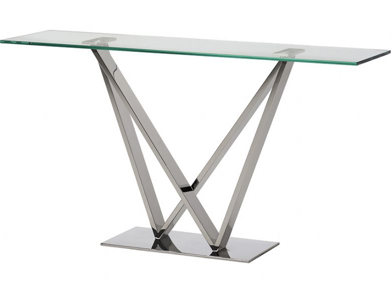 Frank modern glass console hall table with stainless steel base available at Lee Longlands