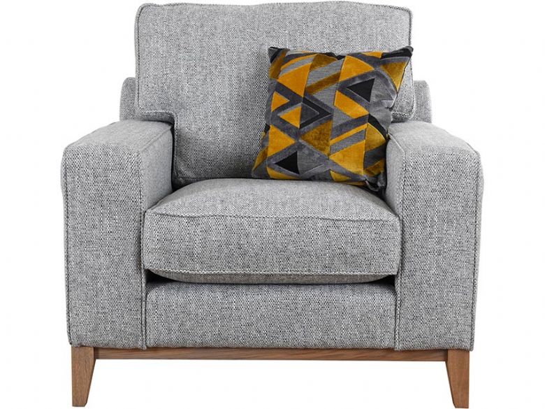 Charlotte fabric grey chair with geometric scatter cushion available at Lee Longlands