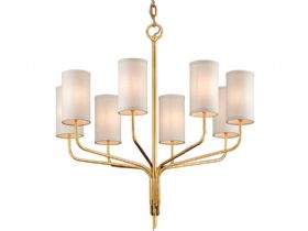 Juniper 8 light gold chandelier with offwhite shade available at Lee Longlands