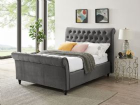 Hazel grey king size sleigh bed with button details available at Lee Longlands