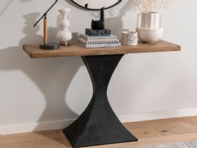 Aero reclaimed wood and black iron console table available at Lee Longlands