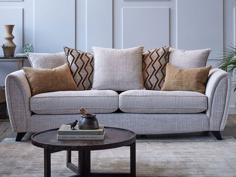 Lola 4 seater pillow back sofa in grey textured fabric available at lee longlands