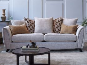 Lola 4 seater pillow back sofa in grey textured fabric available at lee longlands