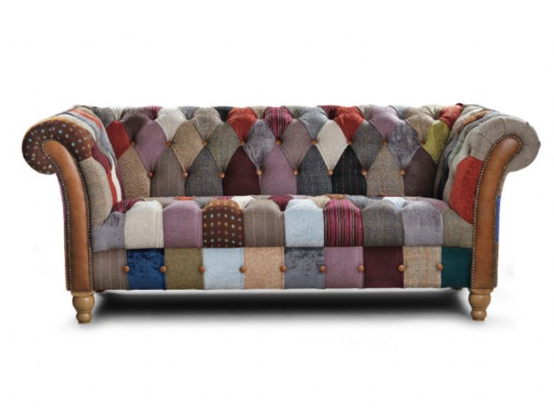 Patchwork Harlequin 2 seater sofa Harris tweed and leather available at Lee Longlands