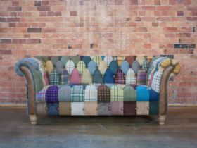 Patchwork Harlequin 2 seater sofa Harris tweed and leather available at Lee Longlands
