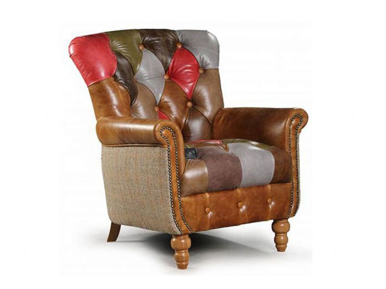 Patchwork Alderely Harris tweed and leather chair available at Lee Longlands