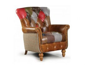 Patchwork Alderely Harris tweed and leather chair available at Lee Longlands