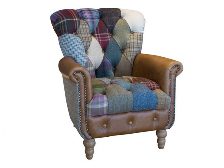 Patchwork Gotham Harlequin Chair Harris tweed and leather available at Lee Longlands