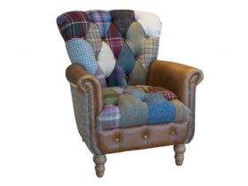 Patchwork Gotham Harlequin Chair Harris tweed and leather available at Lee Longlands