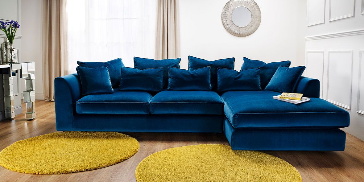 lifestyle image of Long Farm Right Hand Facing Sofa in Dark Blue