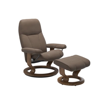 Stressless Consul Small Recliner Chair & Stool with Classic Base