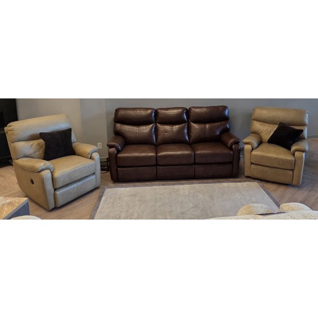 Scott - 3 Seater power recliner in Brown leather and 2 x Power Chairs in Biege Leather Scott - 3 Seater power recliner in Brown leather and 2 x Power Chairs in Biege Leather