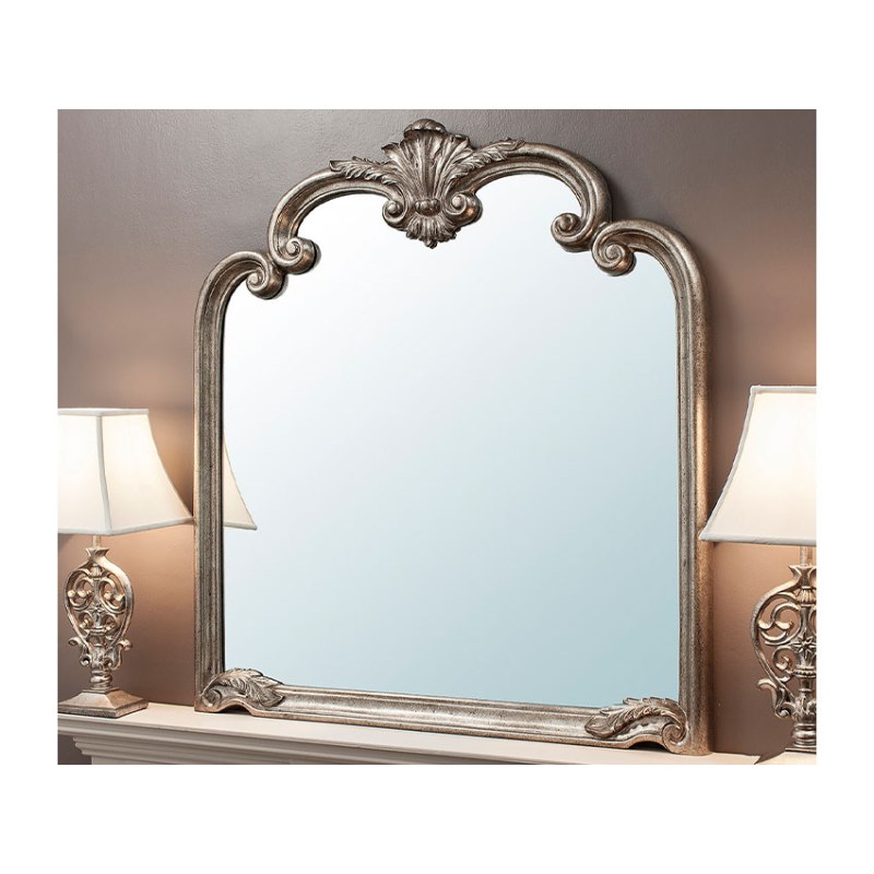 Shenstone Silver Mirror 41 x 45,Stately, shaped over-mantle mirror Lightly aged silver leafed fin Shenstone Silver Mirror 41 x 45,Stately, shaped over-mantle mirror Lightly aged silver leafed fin